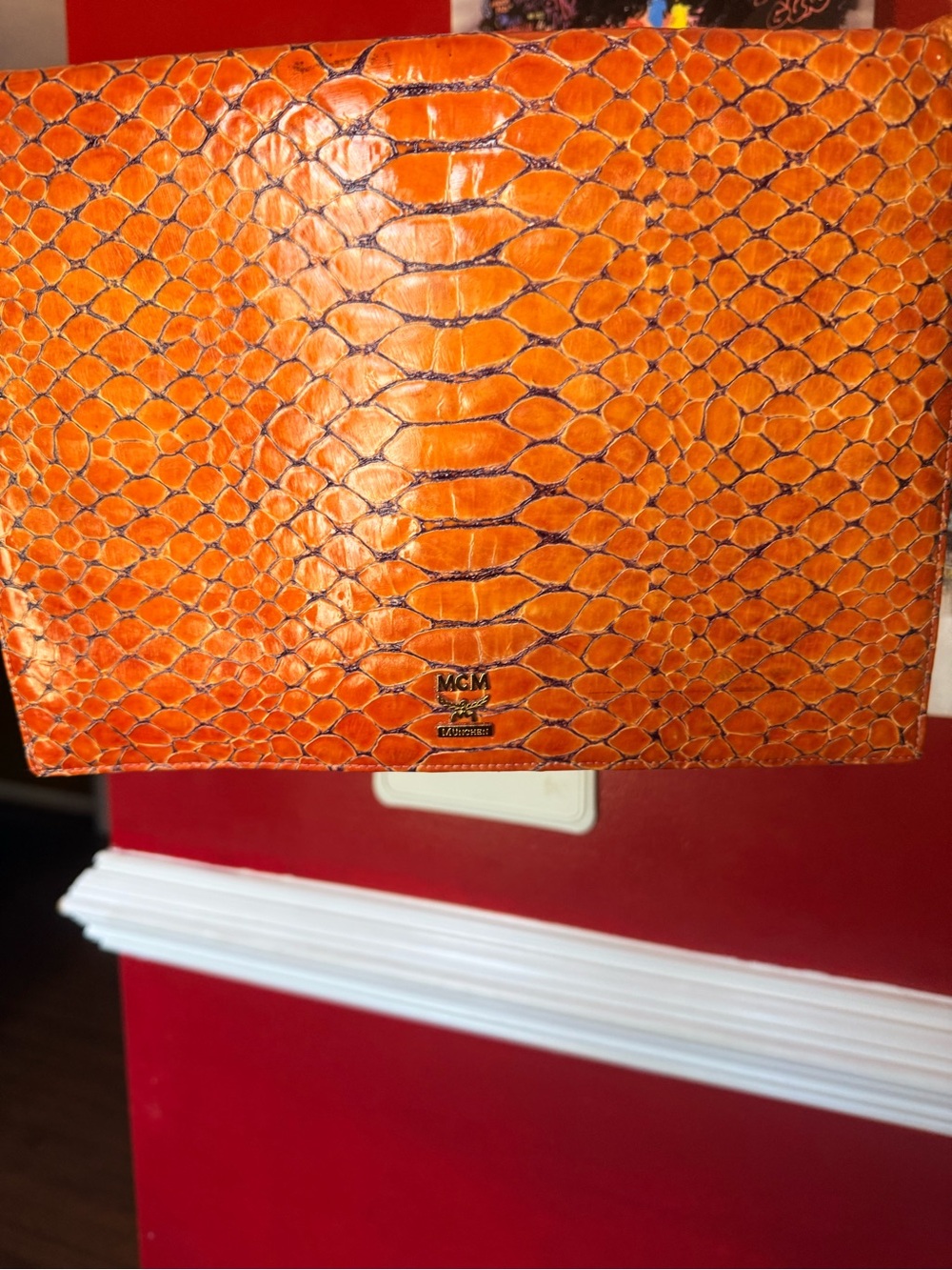MCM Orange Embossed Leather shoulder Bag - Picture 5 of 14